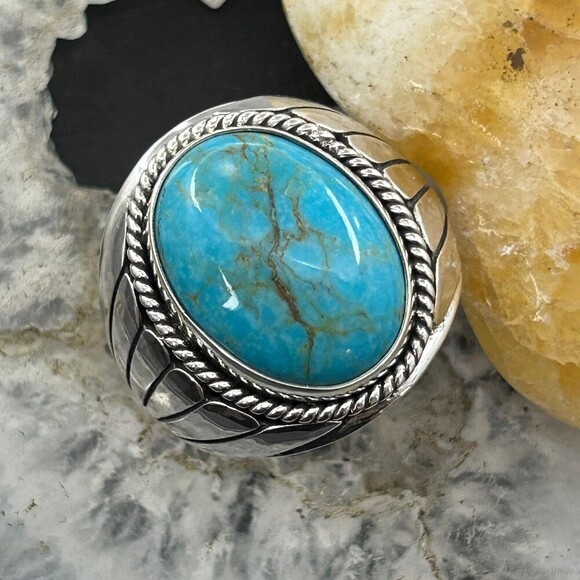 Jewelry - Native American Sterling Silver Oval  Turquoise Shield Ring Size 10.75 For Men